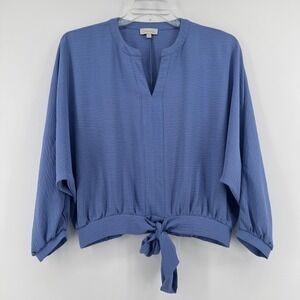 Chenault‎ Blue Textured V Neck Long Sleeve Casual Top Womens Medium